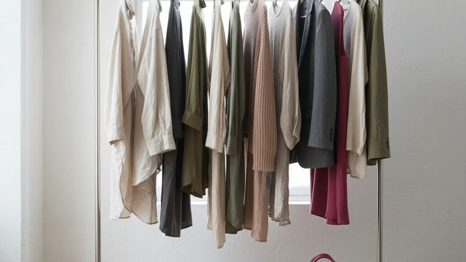 Minimalistische Garderobe mit etwa 15 Kleidungsstücken in neutralen Farben an einer Stange