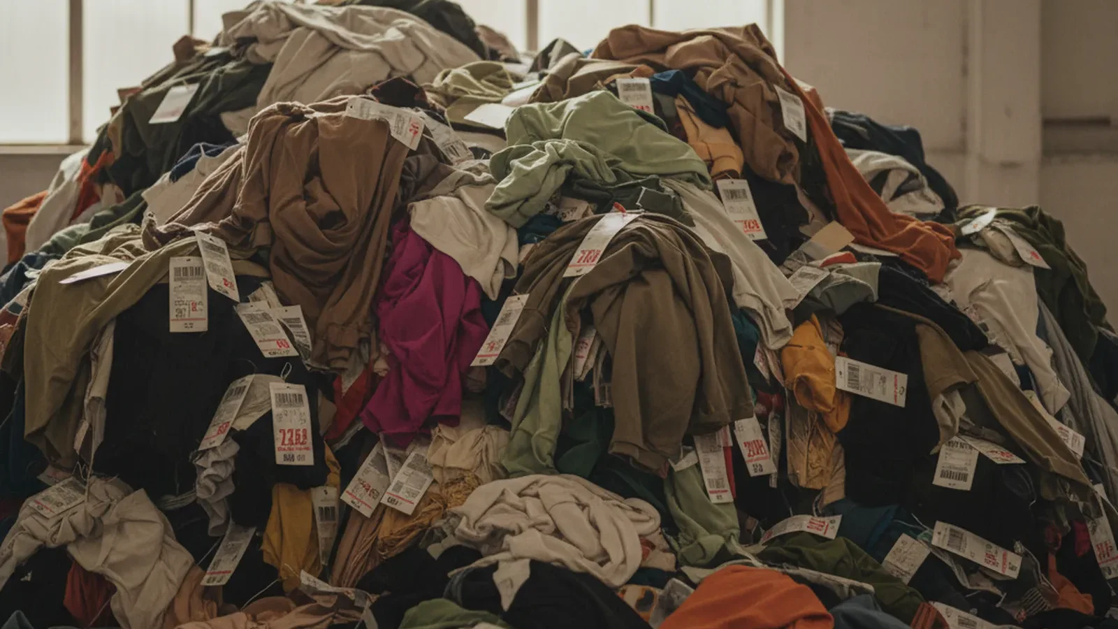 Großer Haufen aussortierter Billigkleidung mit Preisschildern auf grauem Boden
