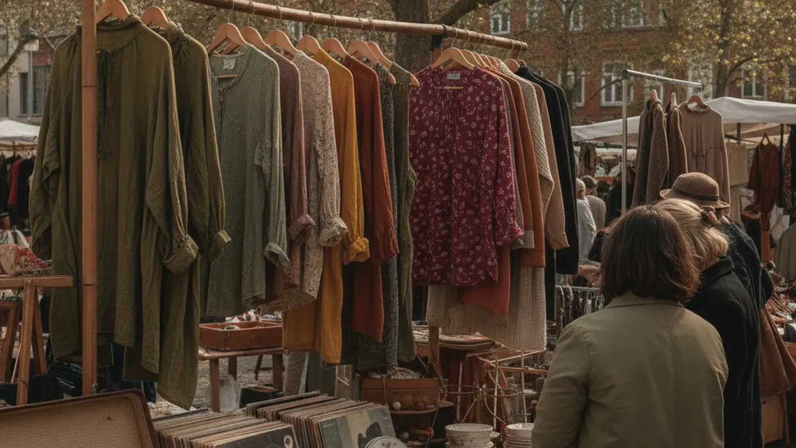 Flohmarktstand mit Vintage-Kleidung, Schallplatten und Geschirr in Berlin