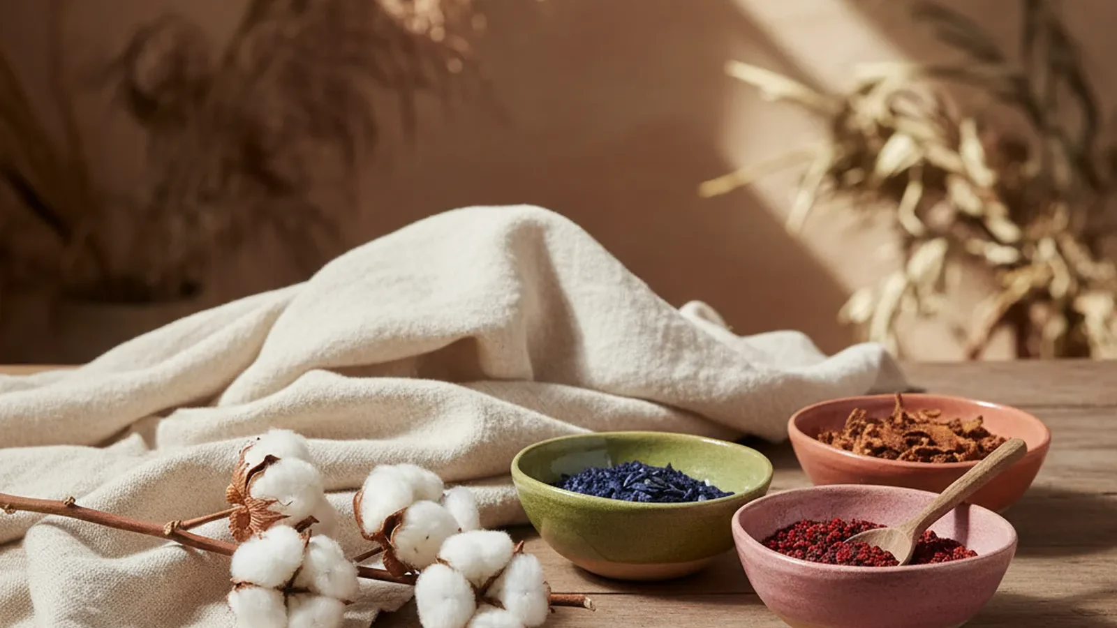 Bio-Baumwollkapseln, ungefärbter Baumwollstoff und Schalen mit Naturfarben