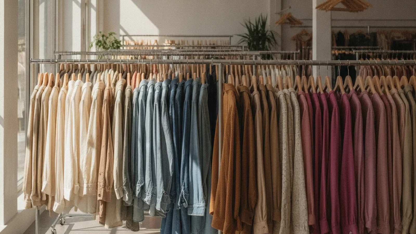 Nach Farben sortierte Second-Hand-Kleidung an Stangen in einem hellen Laden