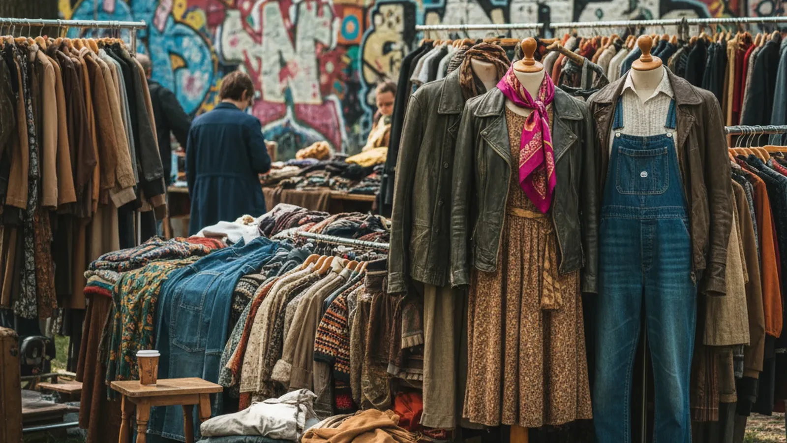 Vintage-Kleidung an einem Flohmarktstand im Park, im Hintergrund eine Graffitiwand