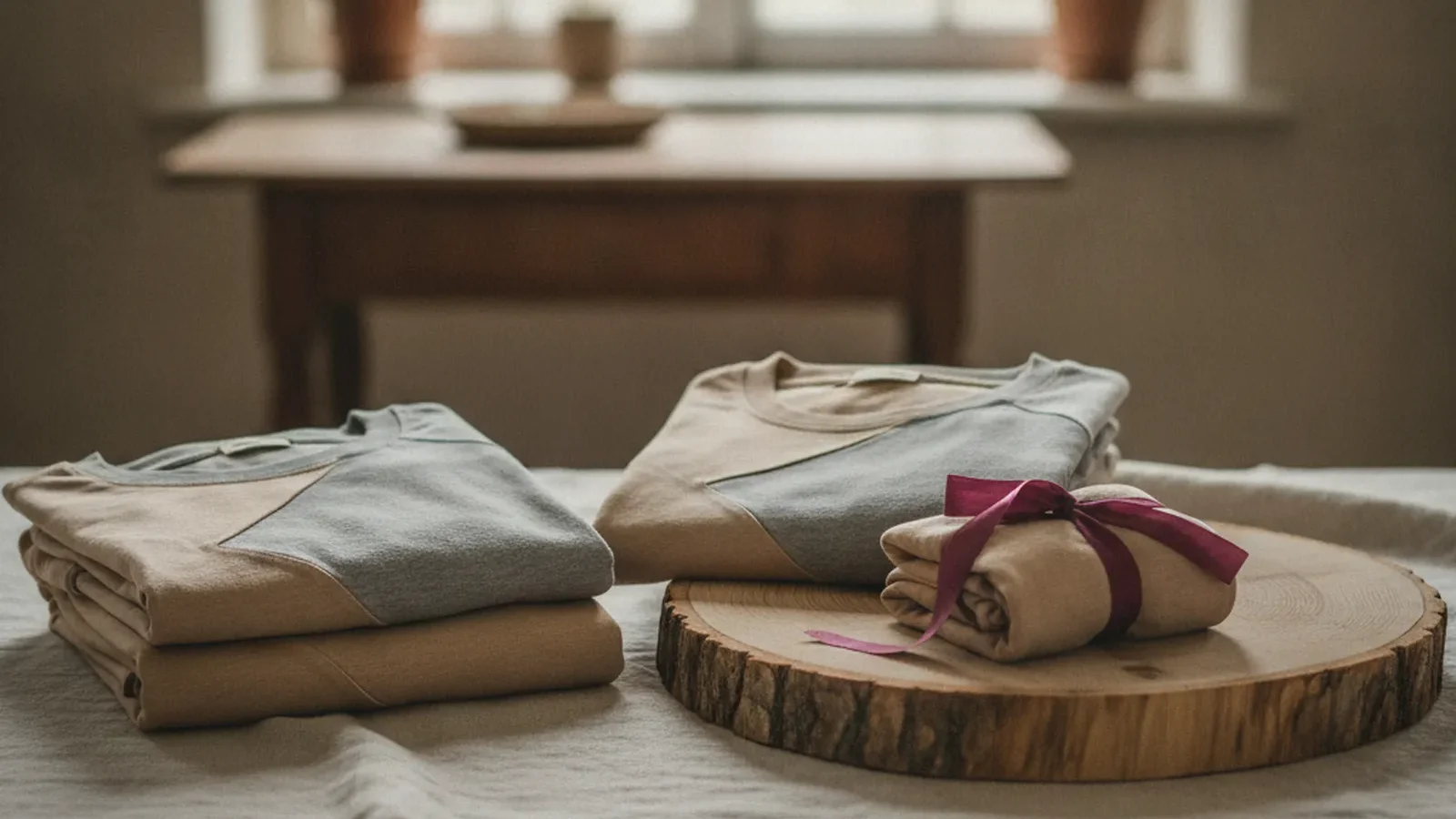 Gefaltete T-Shirts aus Modal in Grau- und Sandtönen auf Leinen