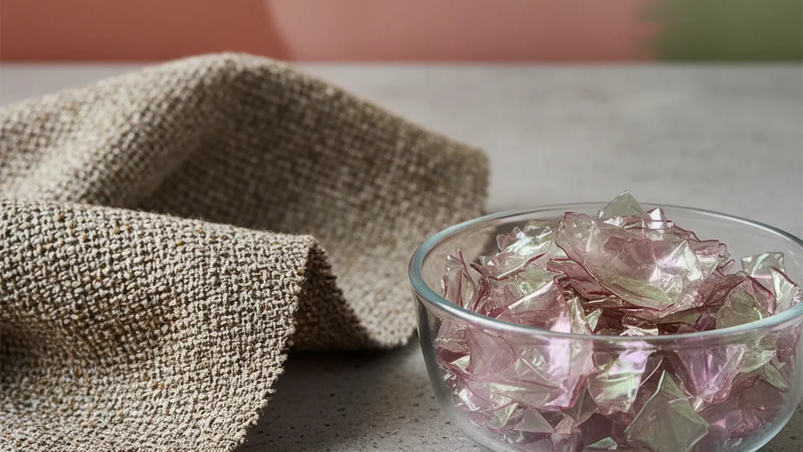 Nahaufnahme von Polyestergewebe neben recycelten PET-Flocken in einer Glasschale