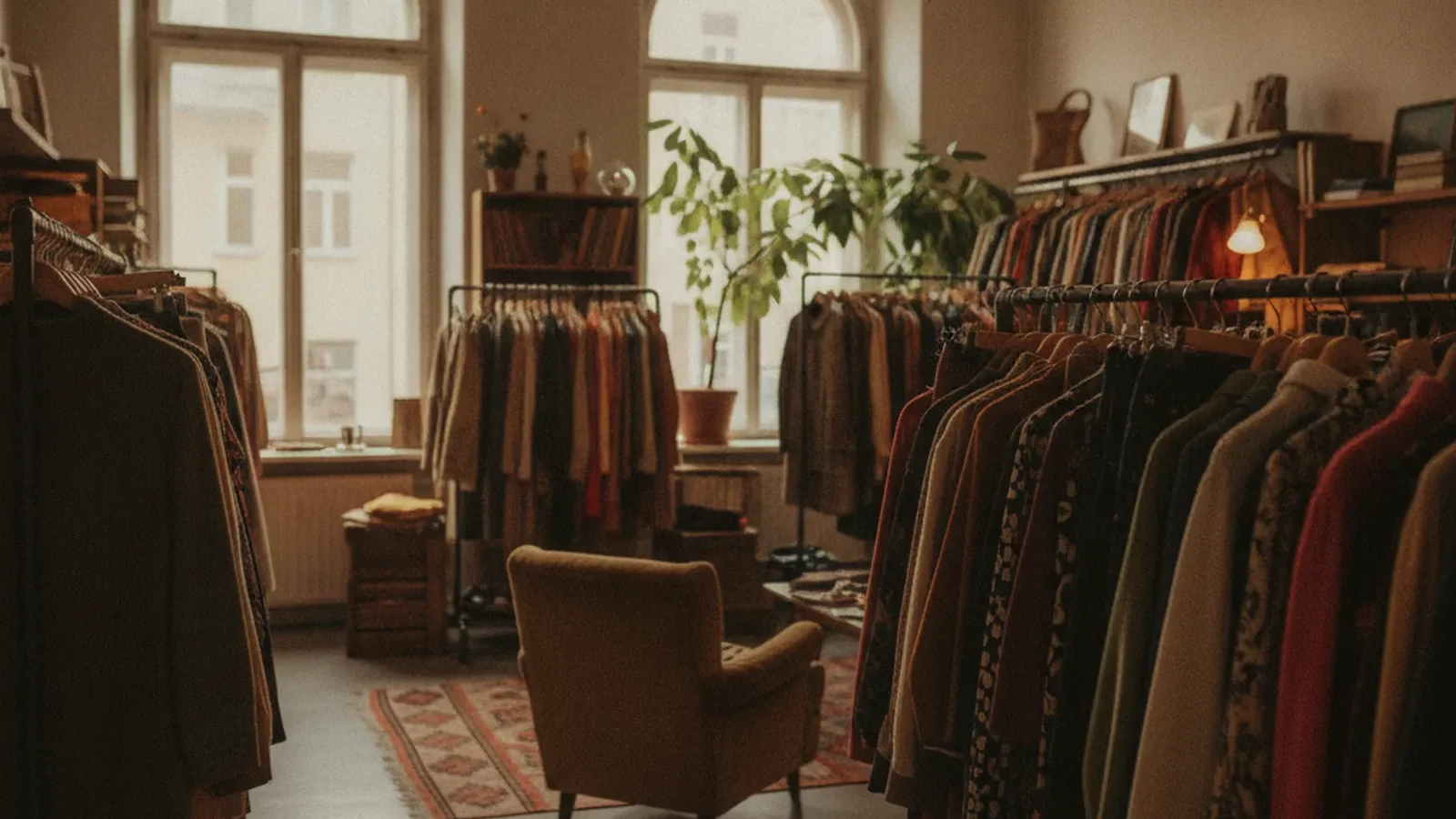 Gemütlicher Vintage-Laden mit bunten Kleiderstangen in einem Berliner Altbau