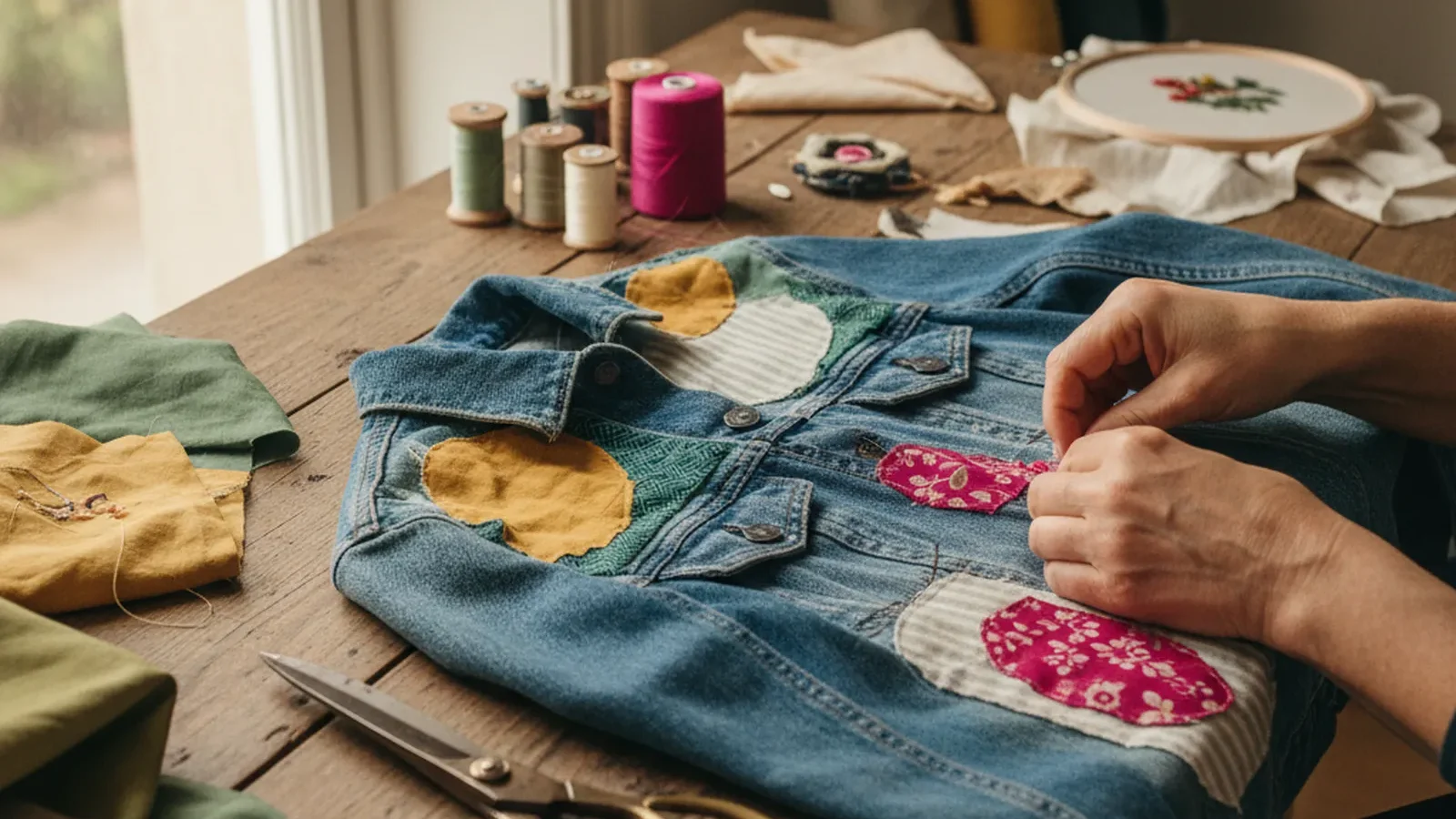 Nähtisch mit Schere, Garn und einer Jeansjacke, die mit bunten Stoffresten geflickt wird
