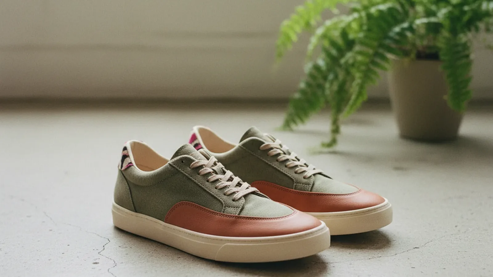 Minimalistische Sneaker aus pflanzlichen Materialien auf hellem Betonboden
